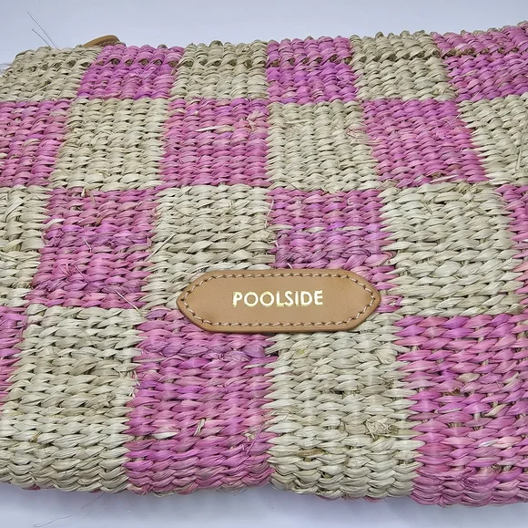 Poolside Clutch Natural/Pink Checkered Fringe Clutch Straw NWT Upcycled Organic - Picture 4 of 13